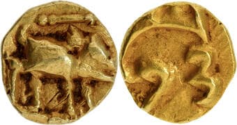Eastern Chalukyas, Rajaraja Narendra I (1019-1061 AD), Godavari Valley Region, Gold Fanam, AD 1042/RY 23, Obv: a...