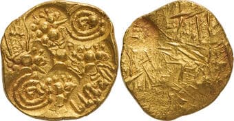 Telugu Chodas of Nellore, Bhujabala (13 Century AD), Punch Marked Gold Pagoda, Obv: nine punch marks consisting of five...