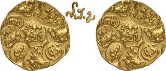 Nolambas of Central Karnataka (10-11 Century AD), Punch Marked Gold Nandi Gadyana, Obv: Nine punch marks consisting of...