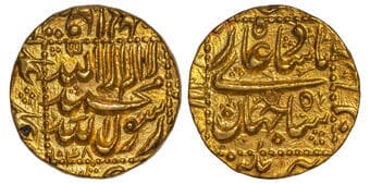 Shah Jahan (AH 1037-1068 / 1628-1658 AD), Burhanpur Mint, Gold Mohur, AH 1048, Obv: Arabic legend The Kalima Shahada...