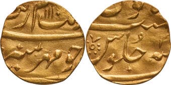 Aurangzeb Alamgir (AH 1068-1118 /1658-1707 AD), Surat Mint (By Style), Gold ¼ Mohur, AH 1110/4X RY, "Mihr Munir"...