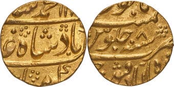 Muhammad Shah (AH 1131-1161 /1719-1748 AD), Shahabad Qanauj Mint, Gold Mohur, AH 11XX /8 RY, Obv: Persian legend "Sikka...
