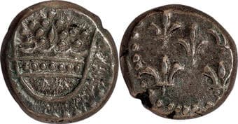 Indo-French, Silver ½ Fanon (1 Royaliner), Obv: large pearled crown, Rev: 5 fleur-de-lis, 0.74g, 9.00mm (KM # 39),...