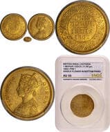 1862, Victoria Queen, Gold Mohur, Calcutta Mint, A/I, Obv: Single flower in the bottom panel of jabot, without 'v' on...