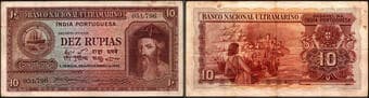 Indo-Portuguese, 1945, 10 (Dez) Rupias, Banco Nacional Ultramarino, 6th Issue, Signed by President of Administrative...