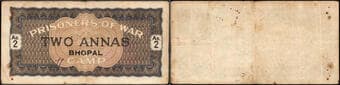 Prisoner of War Coupon, World War II, 1942, 2 Annas, Bhopal overprinted in Black, without bar at left, (KJ RR #...