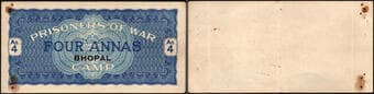 Prisoner of War Coupon, World War II, 1942, 4 Annas, Bhopal overprinted in Black, without bar at left, (KJ RR #...