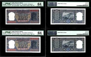 Republic India, 1967, 100 Rupees (2), Consecutive Pair, Diamond Issue, Signed by P.C. Bhattacharya, Serial number in...