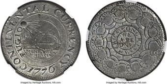 Colonials 1776 $1 Continental Dollar, CURRENCY, Pewter, N. 2-C, W-8455, R.3, MS61 NGC. Four obverse dies and two...