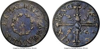 Colonials 1783 Chalmers Sixpence, Large Date, XF45 PCGS. Breen-1014, W-1770, R.6. Although the Whitman Encyclopedia of...