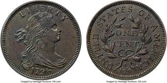 Large Cents 1796 1C Reverse of 1797, S-119, B-40, R.3, MS62 Brown PCGS. Most or perhaps all surviving Mint State 1796...