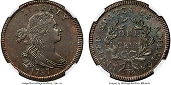 Large Cents 1797 1C Reverse of 1797, Stems, S-135, B-5, R.3, MS64 Brown NGC. Walter Breen wrote in his Encyclopedia of...