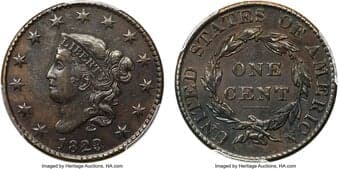 Large Cents 1823/2 1C N-1, R.2, AU53 PCGS. CAC. Die State C/A. This late die state example has dentils fused below the...