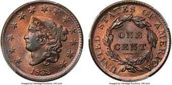 Large Cents 1833 1C N-3, R.1, MS66 Red and Brown PCGS. CAC. Ex: Naftzger; D. Brent Pogue Collection. Bill Noyes grades...