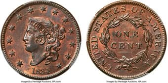 Large Cents 1834 1C Small 8, Large Stars, Medium Letters, N-1, R.1, MS64 Red and Brown PCGS. CAC. A prominent die crack...