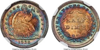 Seated Half Dimes 1838 H10C Large Stars, No Drapery, MS68★ NGC. The Seated Liberty half dime introduced in 1837...