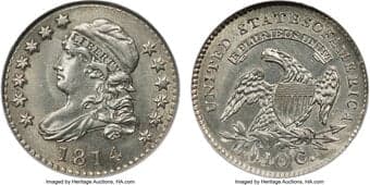 Bust Dimes 1814 10C STATESOFAMERICA, JR-5, FS-901, R.4, MS63 NGC. The reverse displays the distinctive STATESOFAMERICA...