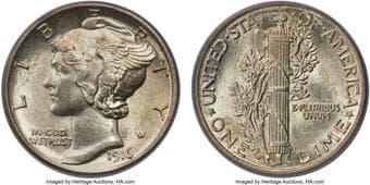 Mercury Dimes 1916-D 10C MS62 Full Bands PCGS. Delicate gold and sky-blue tints grace otherwise silver-white fields on...