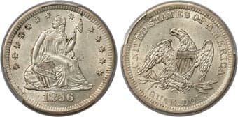 Seated Quarters 1856-S 25C MS62 PCGS. Briggs 1-B. Despite its 286,000-piece mintage, the 1856-S quarter is rare in...