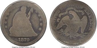 Seated Quarters 1870-CC 25C AG3 PCGS. CAC. Briggs 1-A. The mintage was low -- only 8,340 pieces were struck at the...