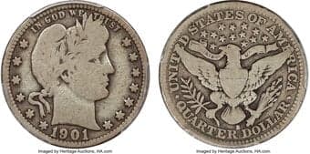 Barber Quarters 1901-S 25C VG8 PCGS. The 1901-S issue is a key date of the Barber quarter series and the second-lowest...