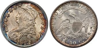 Bust Half Dollars 1823 50C Patched 3, O-101a, R.1, MS64 PCGS. This Choice Uncirculated 1823 is the interesting Patched...