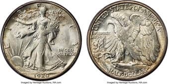 Walking Liberty Half Dollars 1920-S 50C MS64+ PCGS. CAC. Mustard-gold tinged surfaces are highlighted with speckles of...
