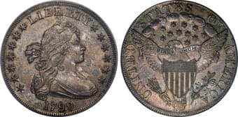 Early Dollars 1799 $1 7x6 Stars, B-11, BB-161, R.3, AU53 PCGS. CAC. Bowers Die State IV, an unlisted die state with a...