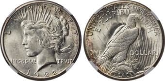 Peace Dollars 1922-S $1 MS66 NGC. The availability of the 1922-S Peace dollar is substantial but becomes conditionally...