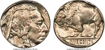 Errors (1913-38)-S 5C Buffalo Nickel -- Struck on a Silver Dime Planchet -- AU58 PCGS. Ex: Fred Weinberg Collection. A...