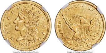 Classic Quarter Eagles 1839-D $2 1/2 HM-2, R.4, AU53 NGC. The 1839-D was the first quarter eagle struck at Dahlonega...