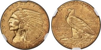 Indian Quarter Eagles 1911-D $2 1/2 Strong D MS62 NGC. The MS62 grade yields a wide range of eye appeal and technical...
