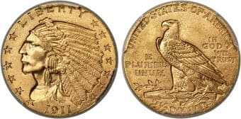 Indian Quarter Eagles 1911-D $2 1/2 MS64+ PCGS. As the key date of the series, the 1911-D Indian quarter eagle is in...