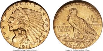 Indian Quarter Eagles 1911-D $2 1/2 MS65 NGC. Bold D Mintmark. The 55,680-piece mintage is by far the Indian quarter...