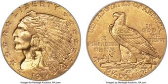 Indian Quarter Eagles 1914 $2 1/2 MS65 PCGS. Especially in lesser grades the 1914 Indian quarter eagle ranks among the...