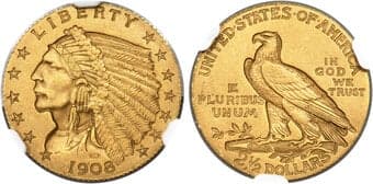 Proof Indian Quarter Eagles 1908 $2 1/2 JD-1, R.4, PR66 NGC. The deep, olive-gold color and sandblast matte finish of...