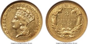 Three Dollar Gold Pieces 1854-O $3 AU58 NGC. Winter-1. This is the elusive and challenging early die state, with the...