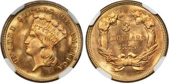 Three Dollar Gold Pieces 1879 $3 MS67 NGC. Both the 1878 and 1879 three dollar issues make ideal type coins thanks to...