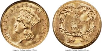 Three Dollar Gold Pieces 1888 $3 MS66 NGC. The 1888 three dollar issue had a relatively low mintage (5,000 coins) in...