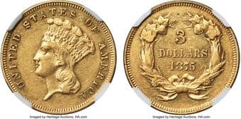 Proof Three Dollar Gold Pieces 1875 $3 JD-1, R.6, PR53 NGC. The proof-only 1875 three dollar gold piece remains one of...