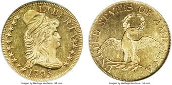 Early Half Eagles 1795 $5 Small Eagle, BD-2, R.6, MS62 NGC. Bass-Dannreuther Die State a/c. Green-gold fields and...