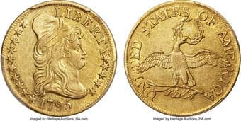Early Half Eagles 1795 $5 Small Eagle, BD-3, High R.3, AU53 PCGS. Bass-Dannreuther Die State c/b. Star 11 is squeezed...
