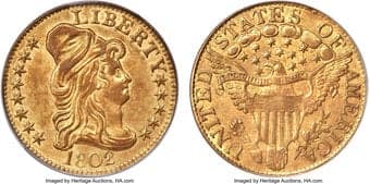 Early Half Eagles 1802/1 $5 BD-7, R.5, AU58 PCGS. Bass-Dannreuther Die State b-c/a-b is intriguing with both the...