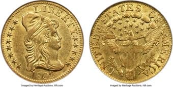 Early Half Eagles 1802/1 $5 BD-7, R.5, AU58 NGC. CAC. Bass-Dannreuther Die State c/b. An early stage of the die state,...