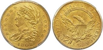 Early Half Eagles 1808/7 $5 Close Date, BD-2, High R.4, AU58 PCGS. Bass-Dannreuther Die State a/c. The early obverse...