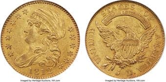 Early Half Eagles 1812 $5 Wide 5D, BD-1, R.3, MS62 NGC. Bass-Dannreuther Die State a/a. There are no clash marks, die...