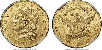 Early Half Eagles 1813 $5 BD-2, R.4, MS61 NGC. Ex: Manhattan Collection. Bass-Dannreuther Die State d/b. This variety...