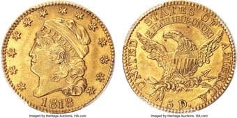 Early Half Eagles 1818 $5 BD-1, R.5, MS62+ PCGS. Bass-Dannreuther Die State b. The obverse is perfect and the reverse...