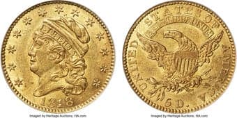 Early Half Eagles 1818 $5 STATESOF, BD-2, R.4, AU58 NGC. CAC. Bass-Dannreuther Die State c. A bisecting die crack runs...