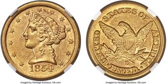 Liberty Half Eagles 1854-D $5 Large D AU58★ NGC. CAC. Winter 36-AA. Including both Medium D and Large D varieties,...